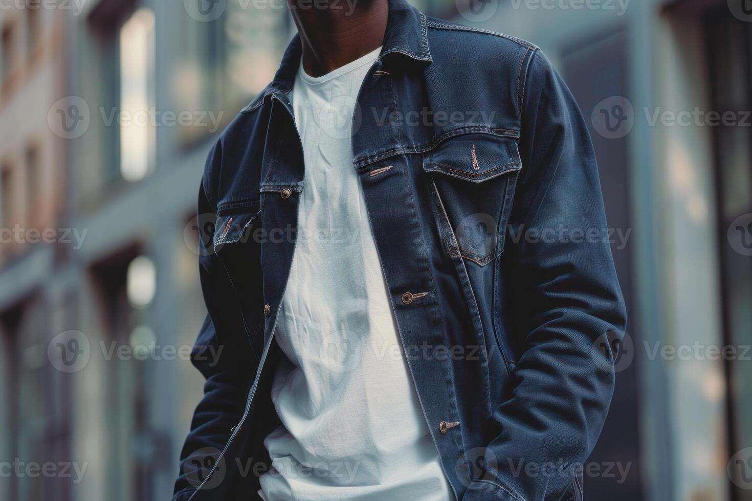 Urban fashion closeup of man in denim jacket photo