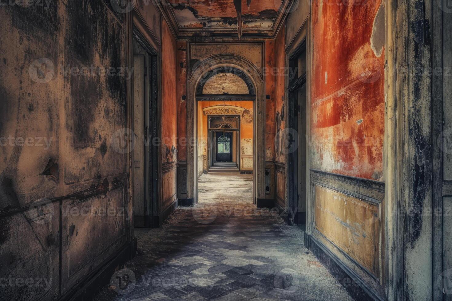 Mystical abandoned hallway with fading elegance photo