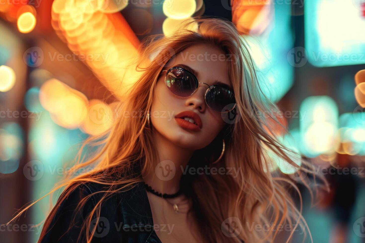 Stylish young woman in urban nightlife setting photo
