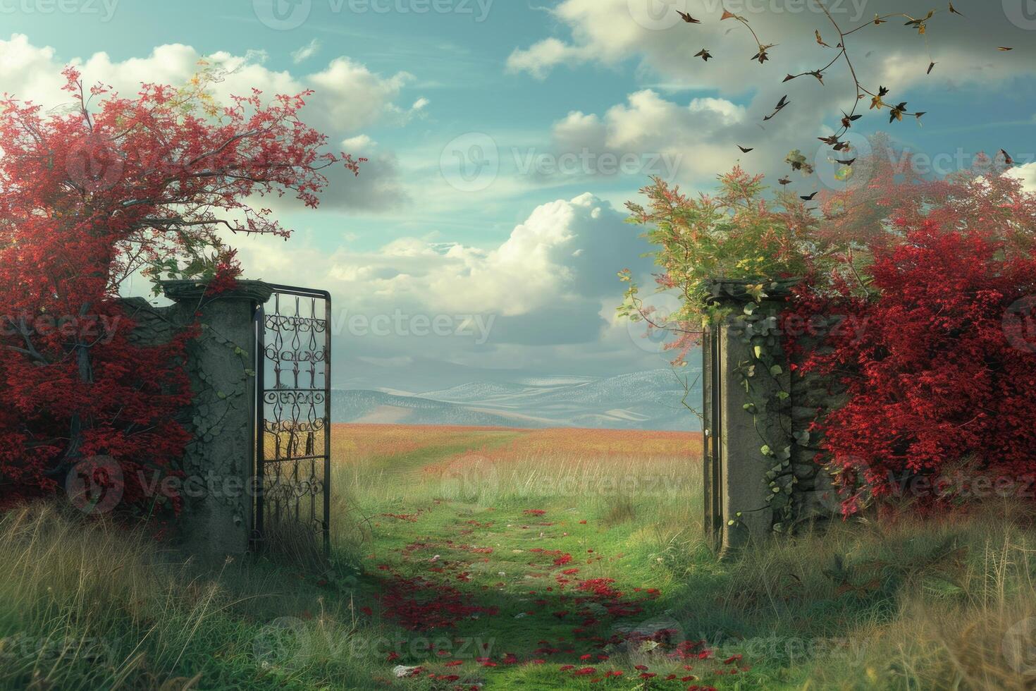 Enchanting autumn gateway to open fields photo