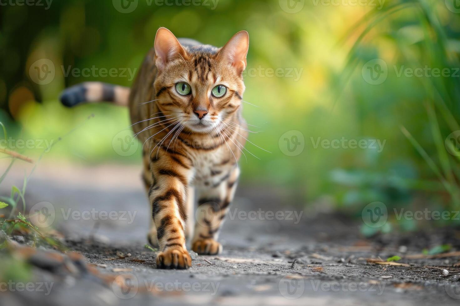 Graceful Bengal cat forest walking. Generate Ai photo