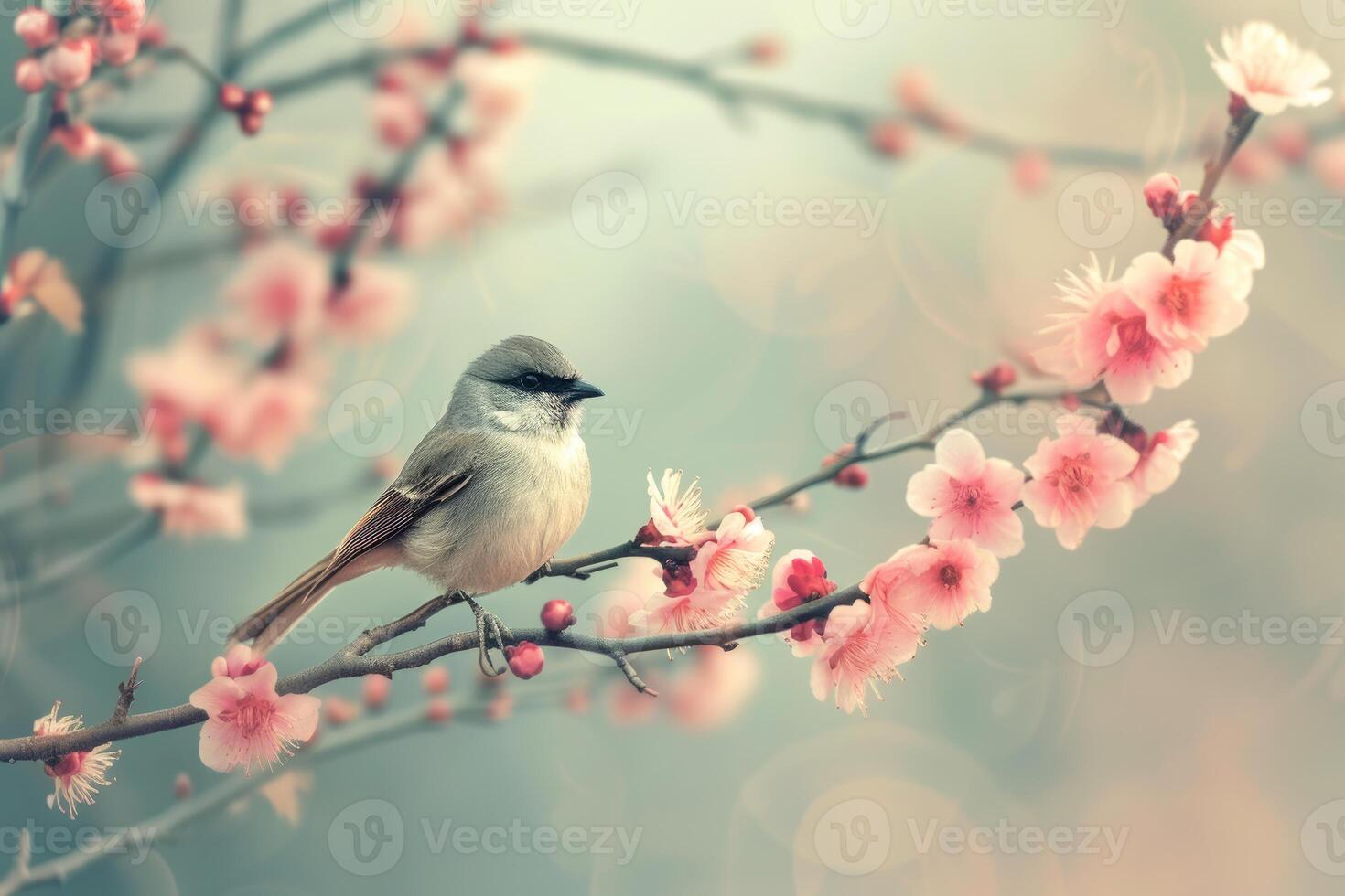 Perched Bird branch flower. Generate Ai photo