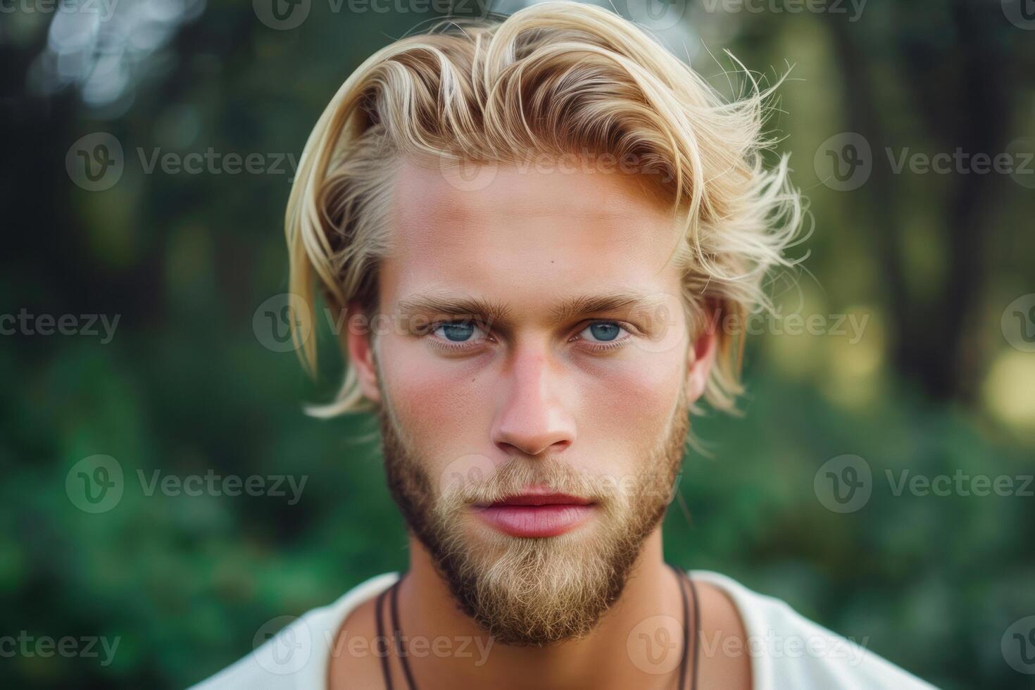 Portrait of a young blonde man in nature photo