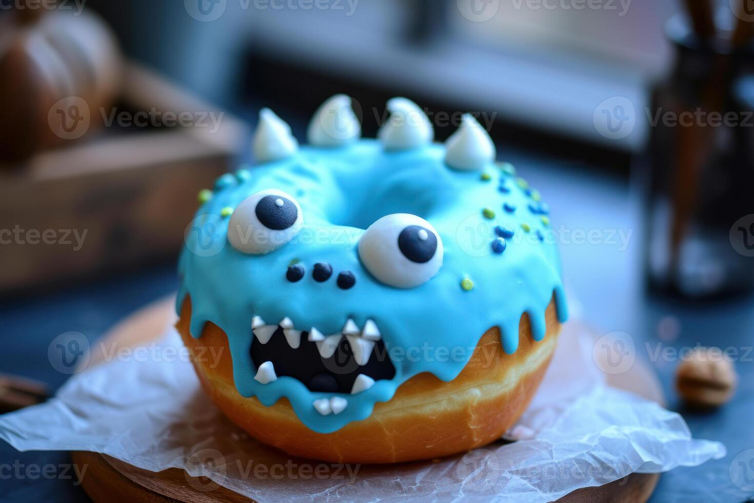 Whimsical monster donut with blue icing photo