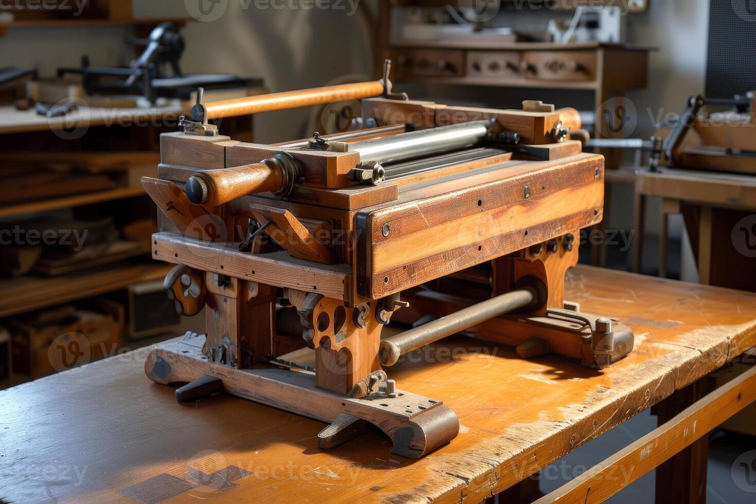 Antique wooden printing press on workshop table photo