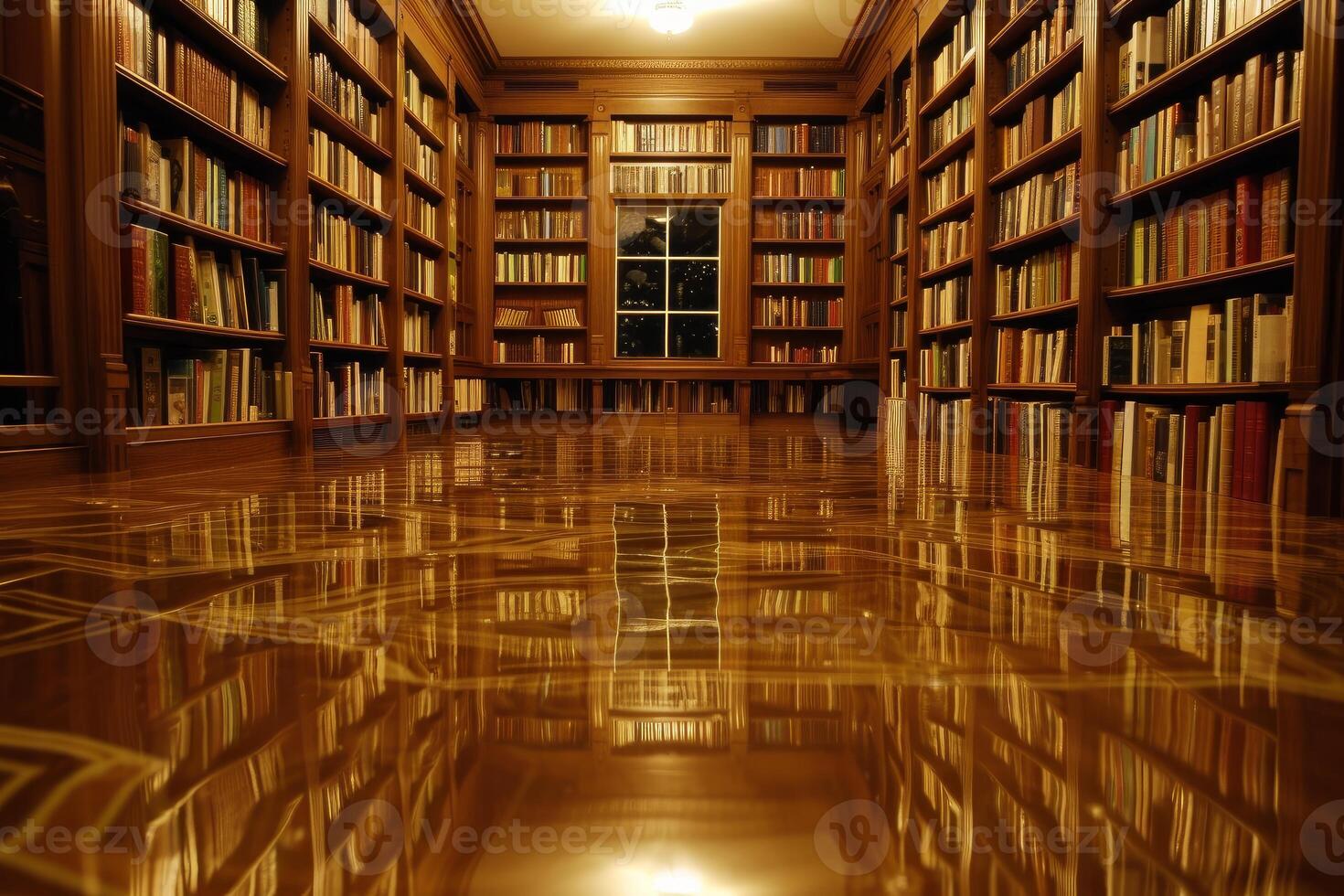Warmly lit library interior at night photo
