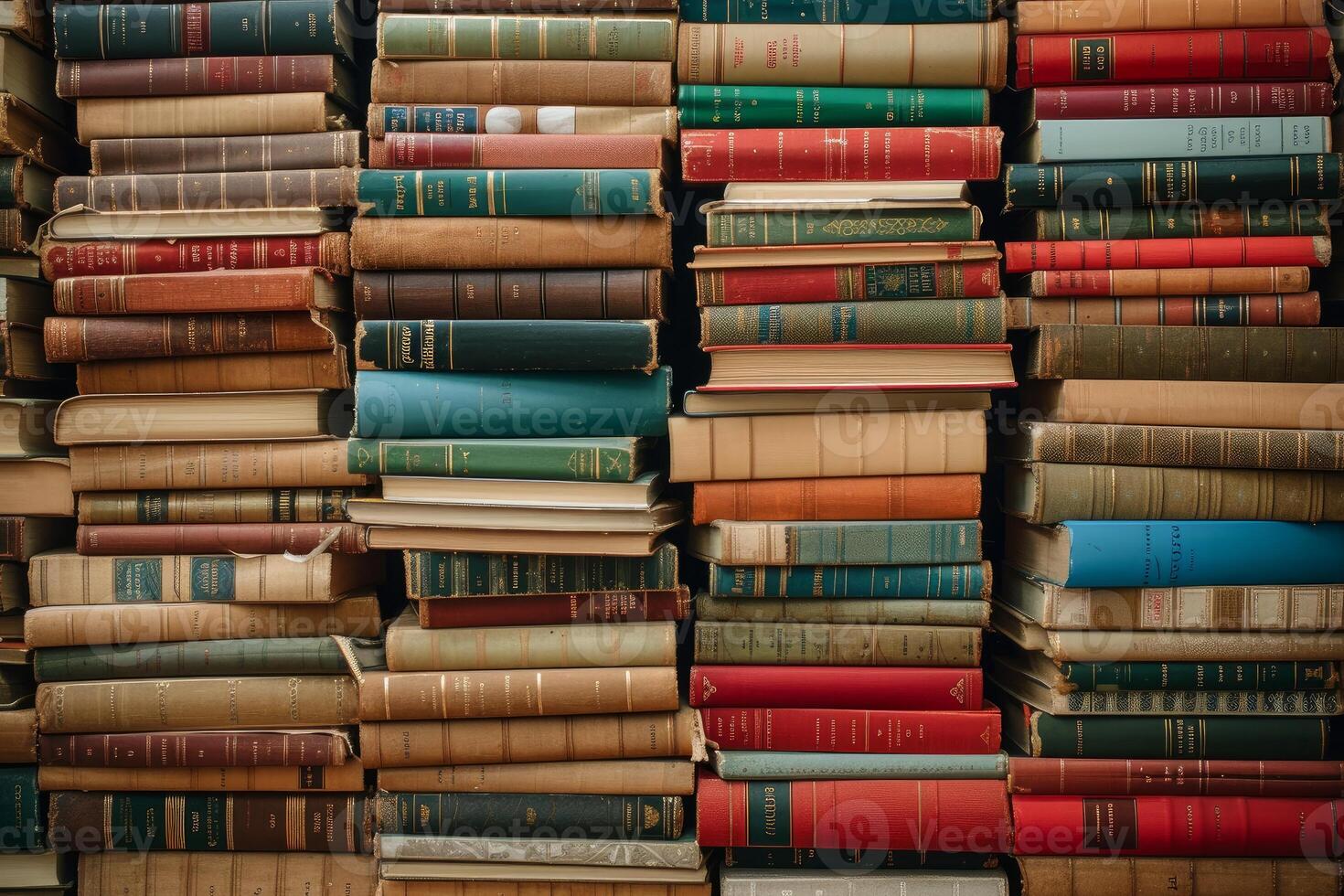 Full-frame image of old books stacked in a library setting, showcasing a variety of colors and titles photo