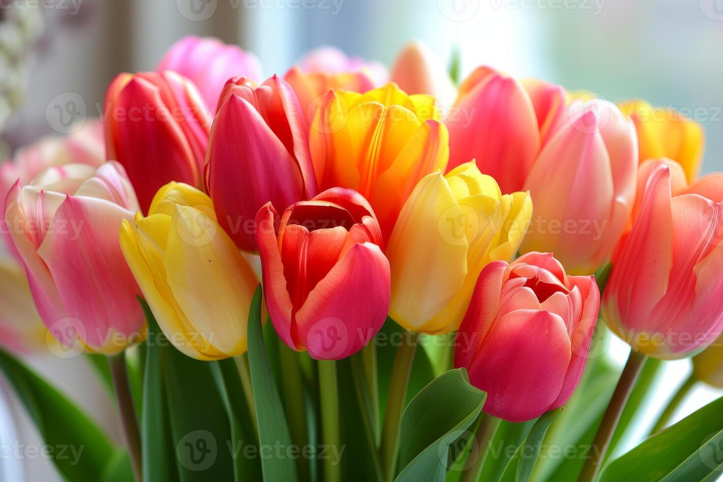 Close-up shot of a colorful bouquet of fresh tulips radiating with springtime vibes photo