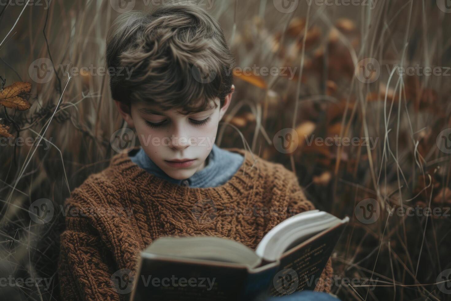 Young boy engrossed in reading book outdoors photo