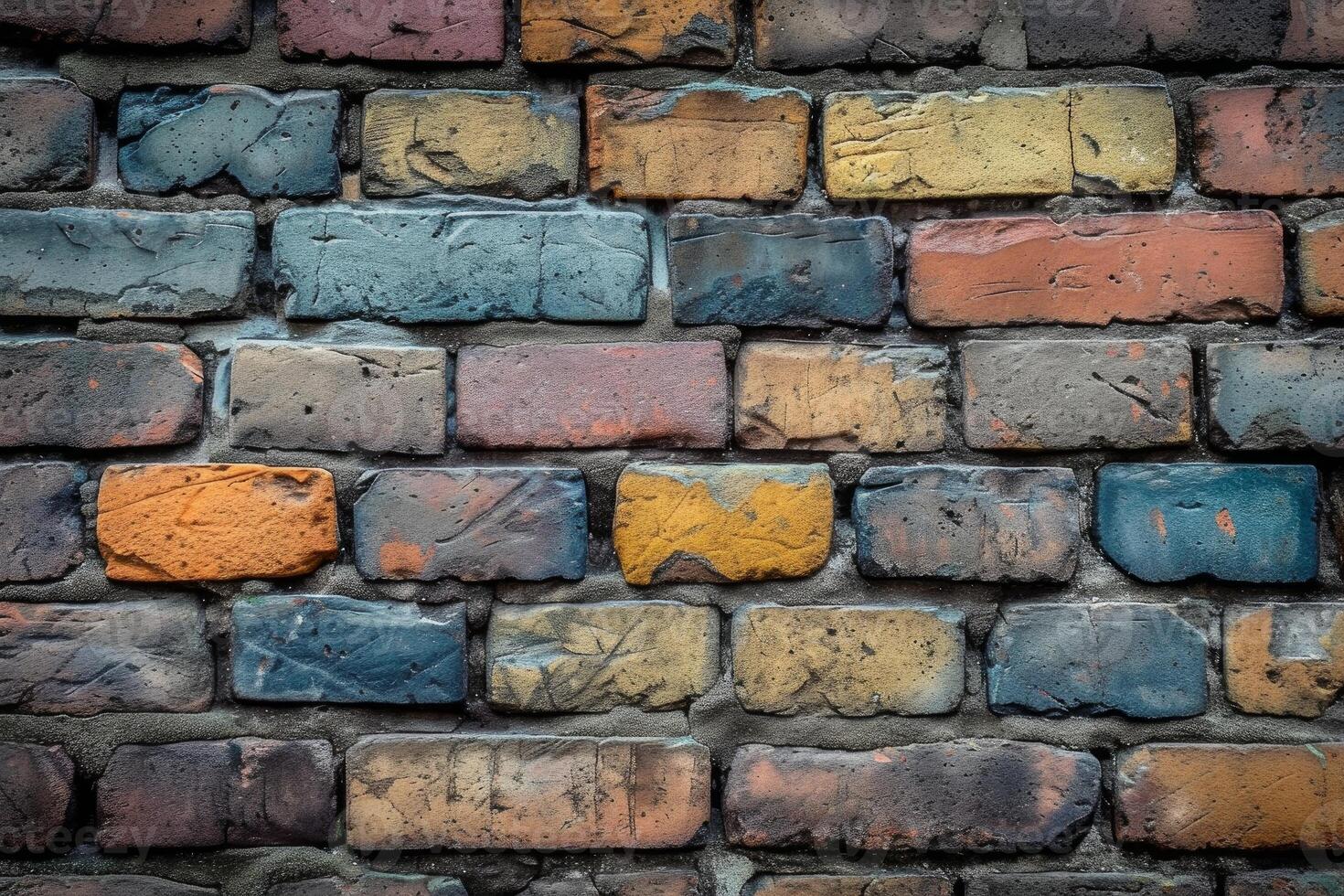 Close-up shot of a textured brick wall with vibrant multicolored bricks photo