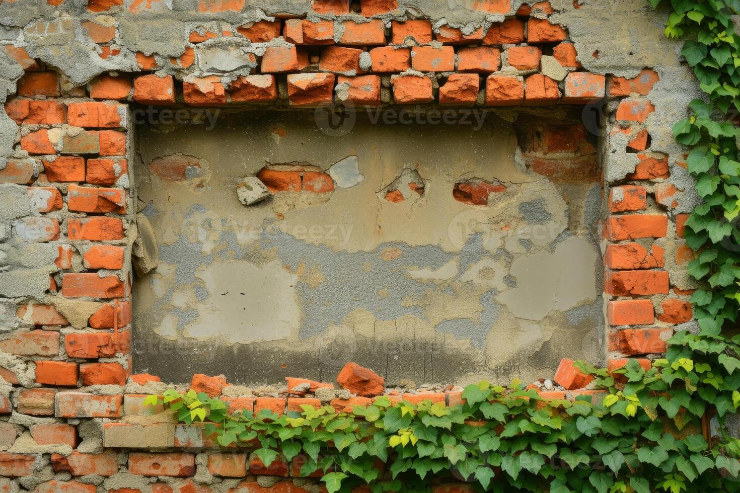 Old brick wall and window frame overgrown with vines photo