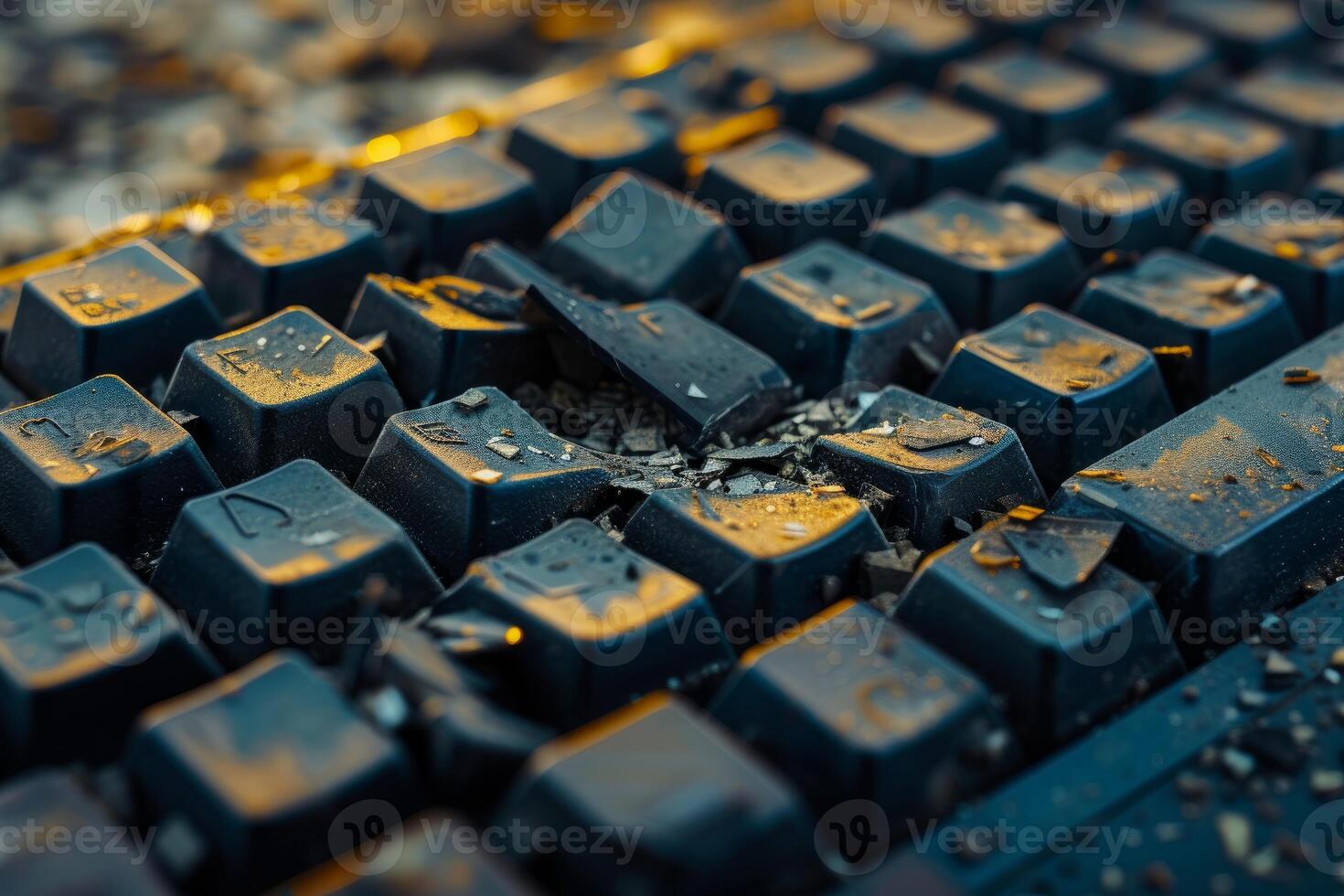 Damaged keyboard close-up with dust and debris photo