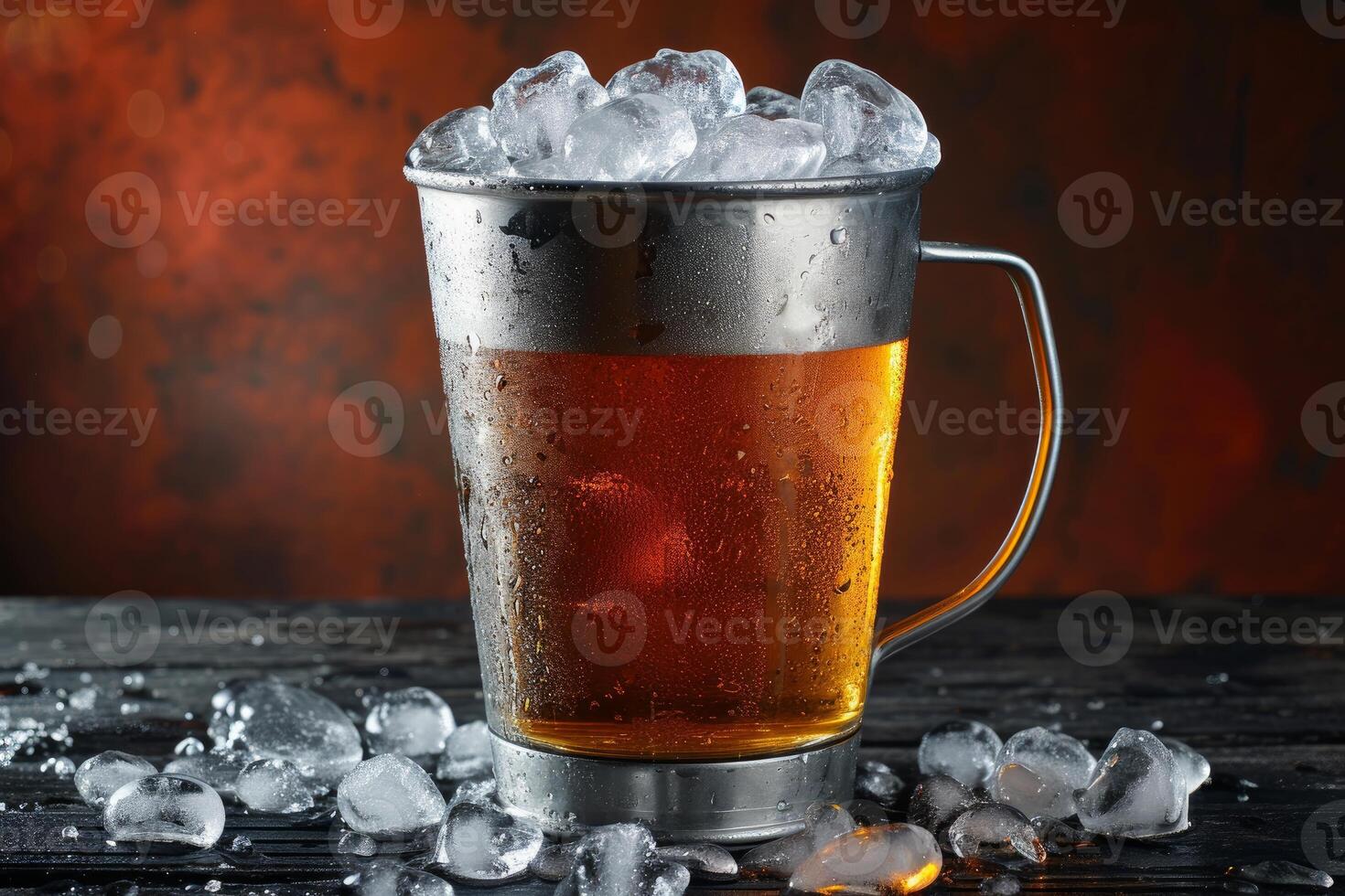 Chilled beer in frosty mug with ice photo