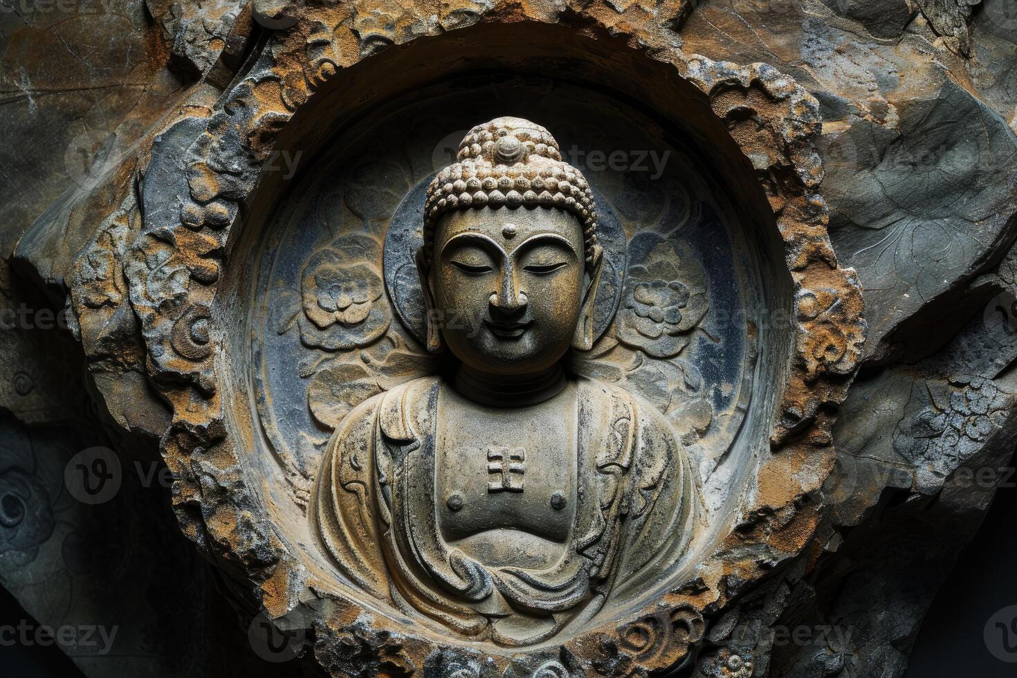 Serene stone buddha statue in relief photo
