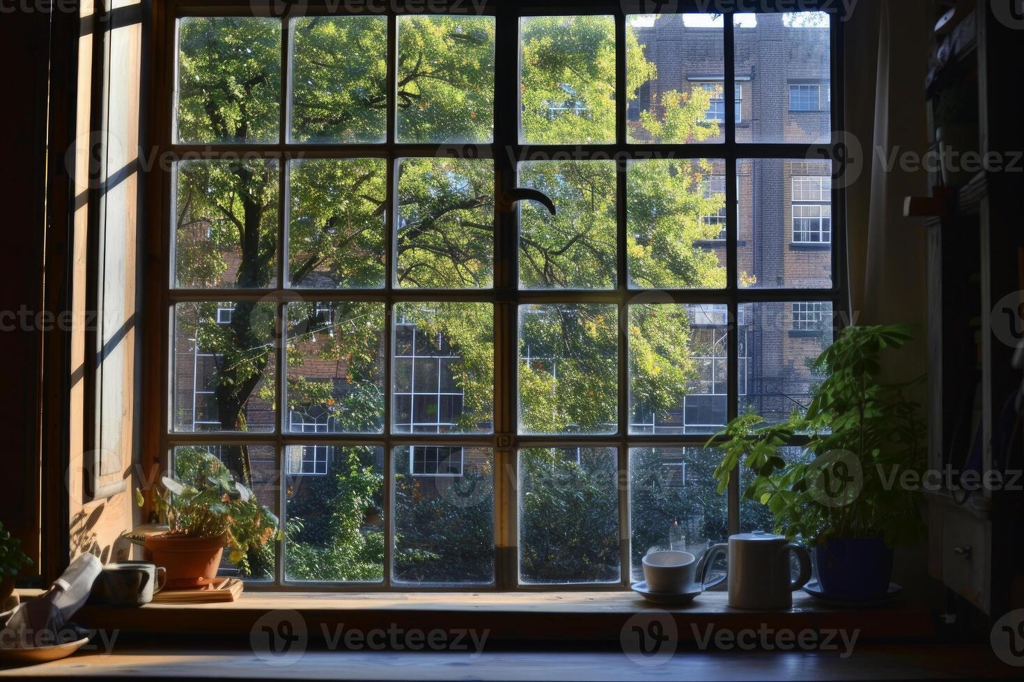 Serene window view with morning light photo