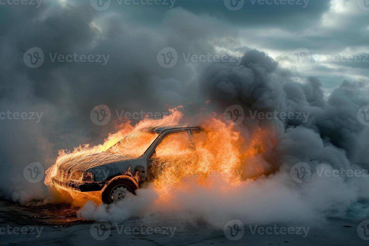 Intense car fire with billowing smoke photo