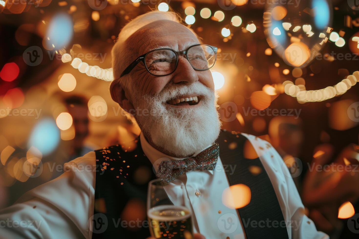 Joyful senior man celebrating with champagne photo