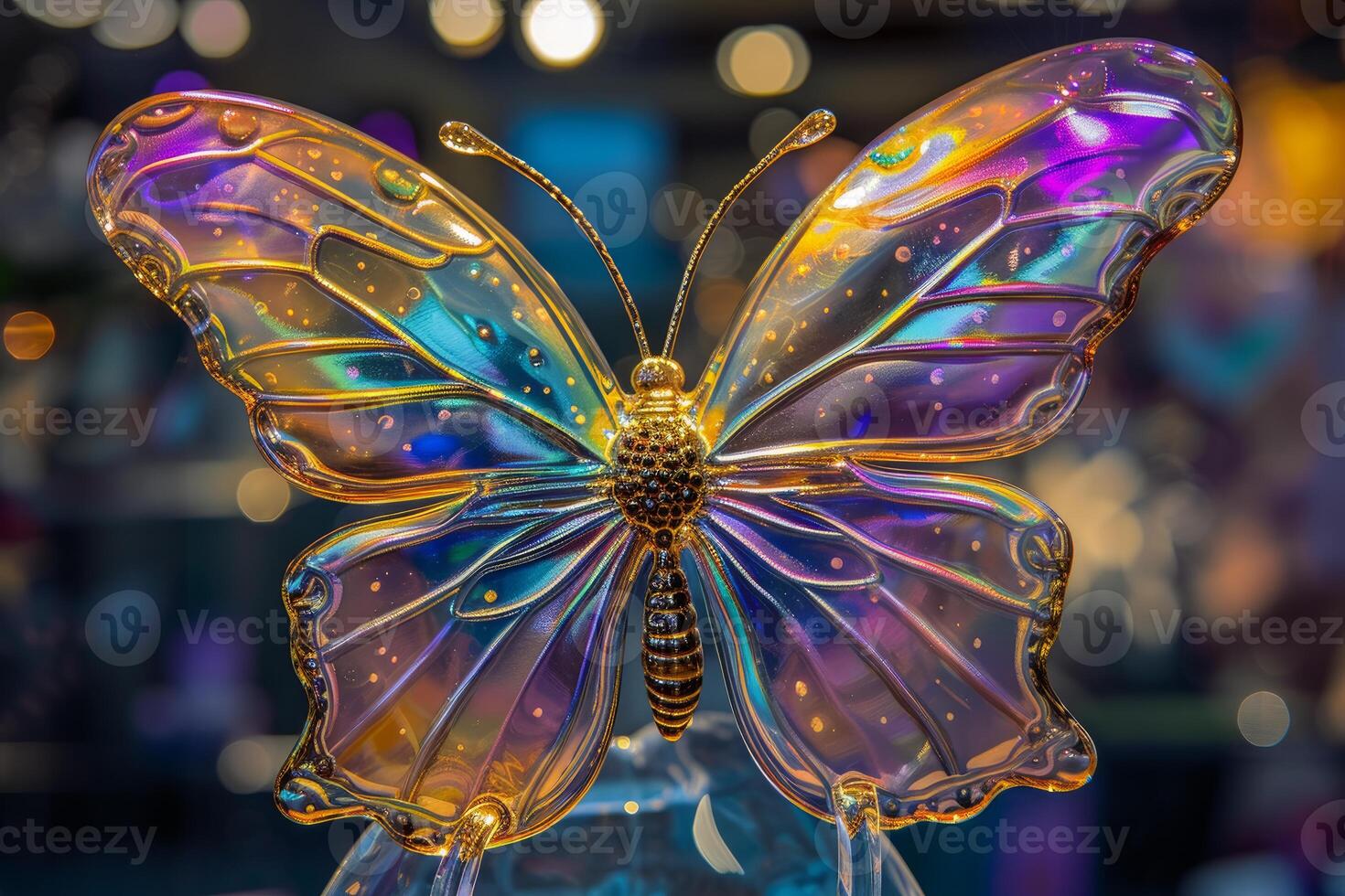 Close-up of a colorful glass butterfly with translucent, iridescent wings photo