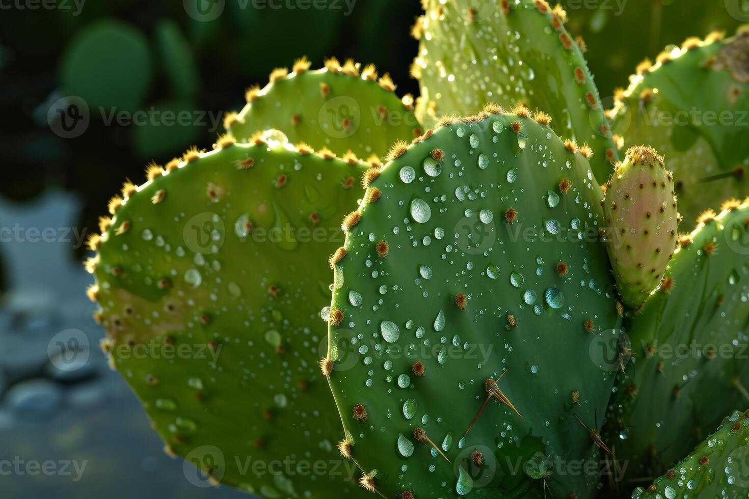 Fresh dew on green prickly pear cactus photo