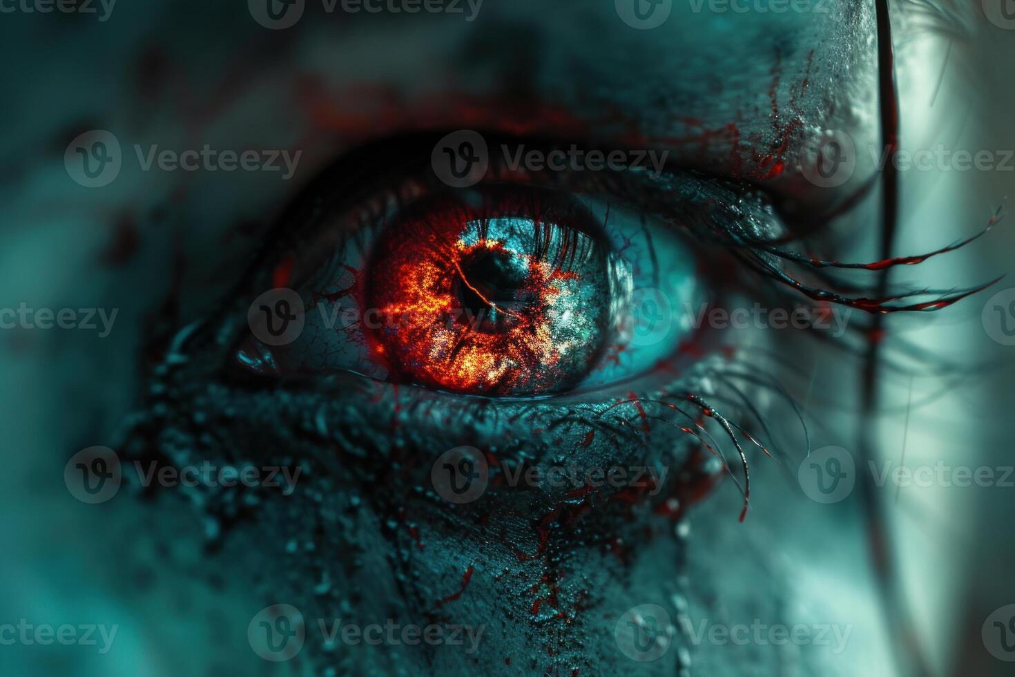 Macro shot of an eye with dramatic red and blue hues, conveying a sense of intensity or horror photo