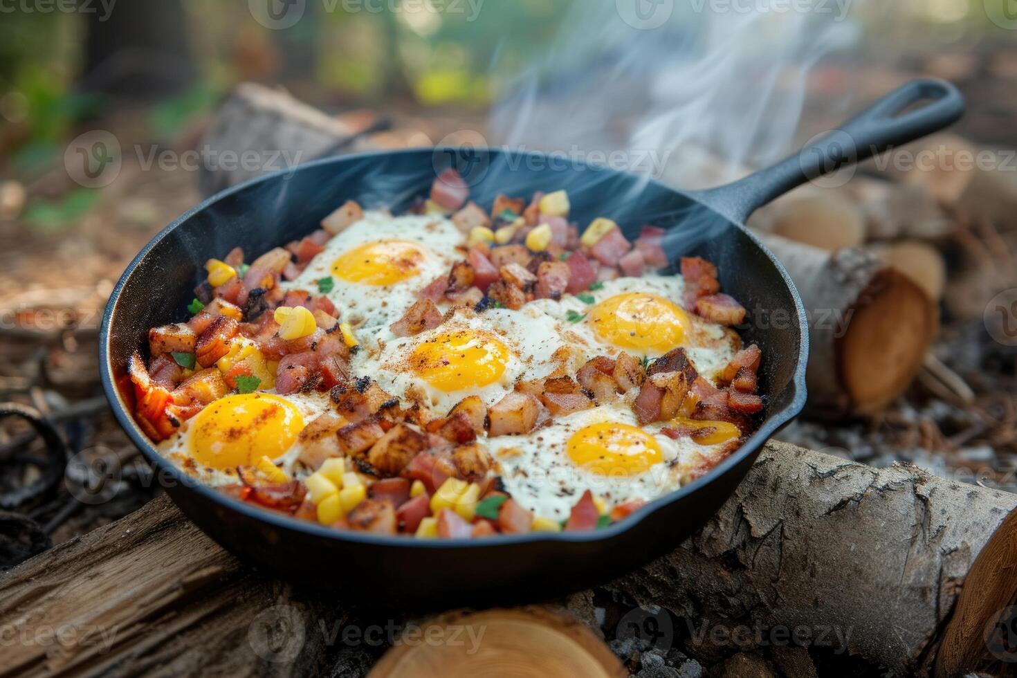 Rustic outdoor breakfast in cast iron skillet photo