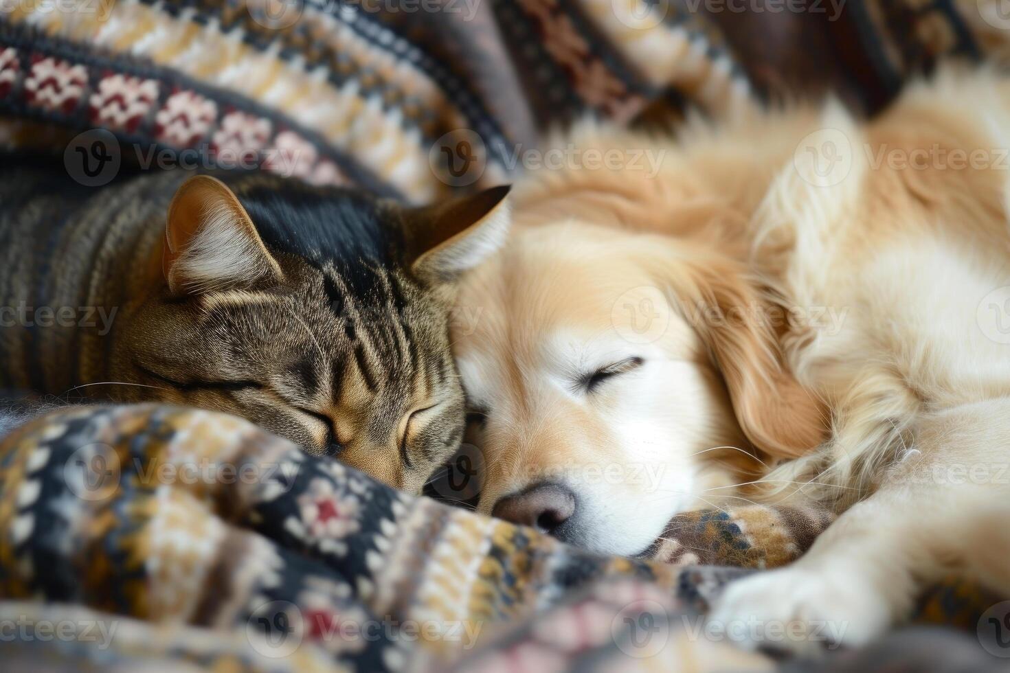 Peaceful cat and dog sleeping together photo