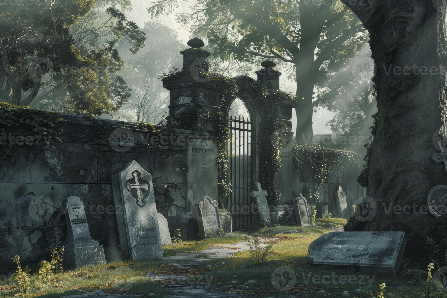 Mystical old cemetery gates at dawn photo