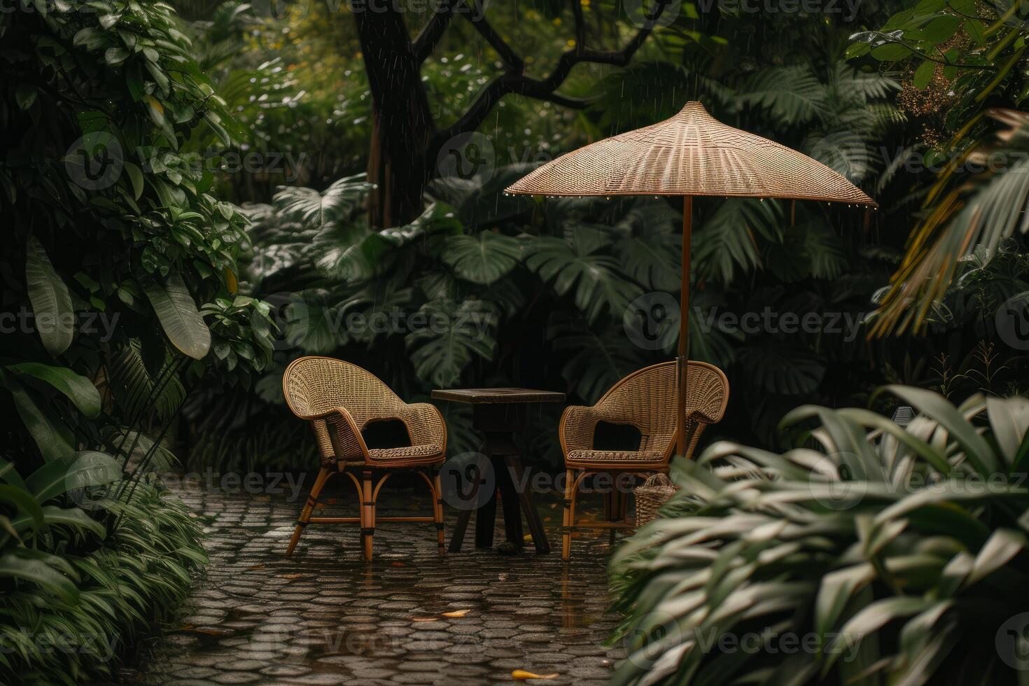 Serene garden oasis with wicker chairs photo