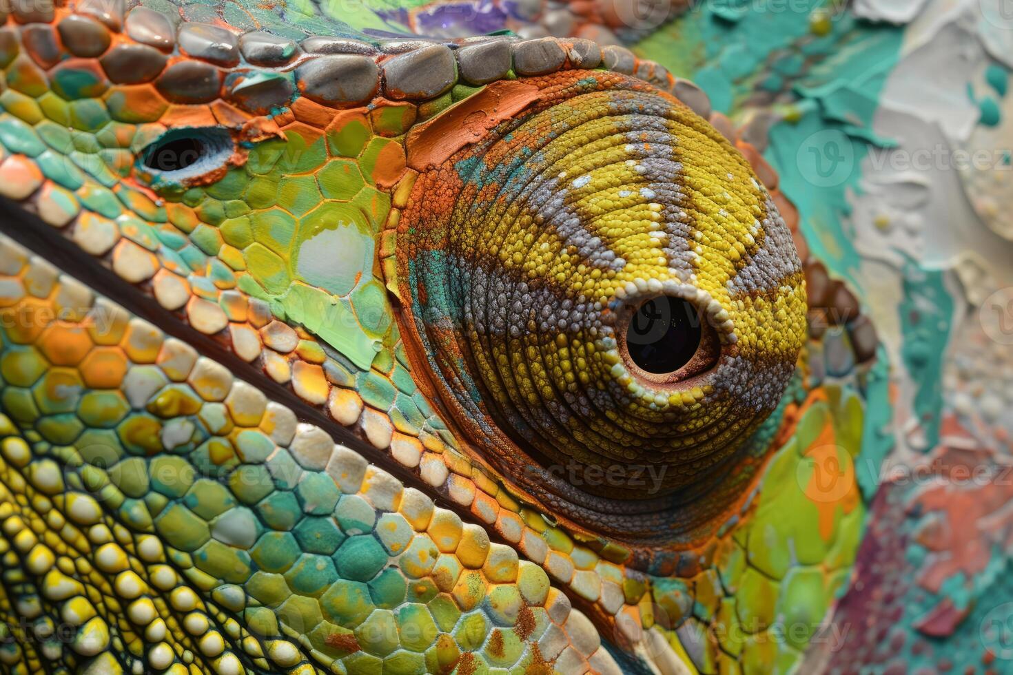 Vivid closeup of a chameleon's eye and scales, showcasing intricate patterns and textures photo
