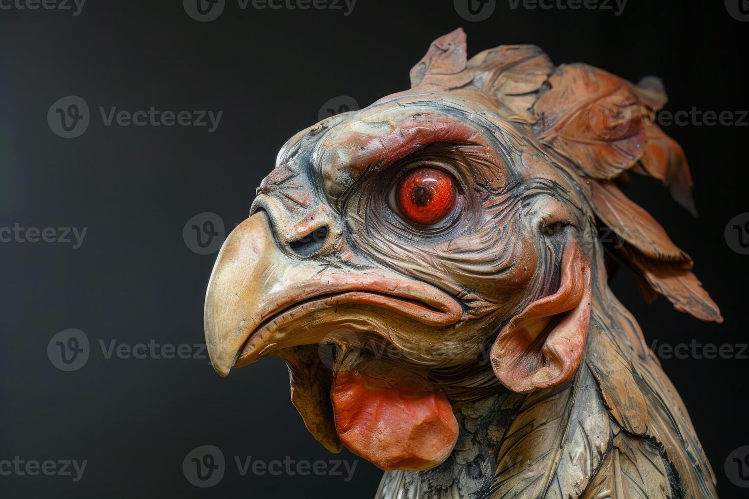 Intricate wooden bird sculpture with red eye photo