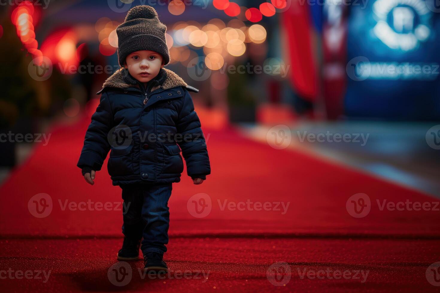 Little boy walking alone on red carpet at evening event photo