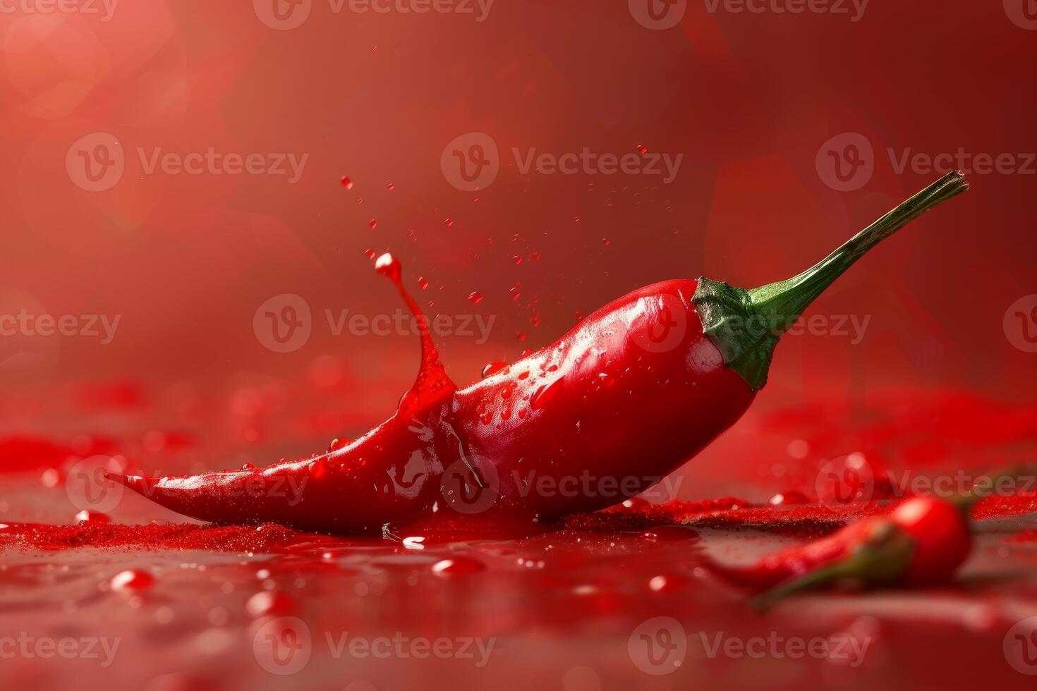 Spicy splash, chili pepper on red background photo