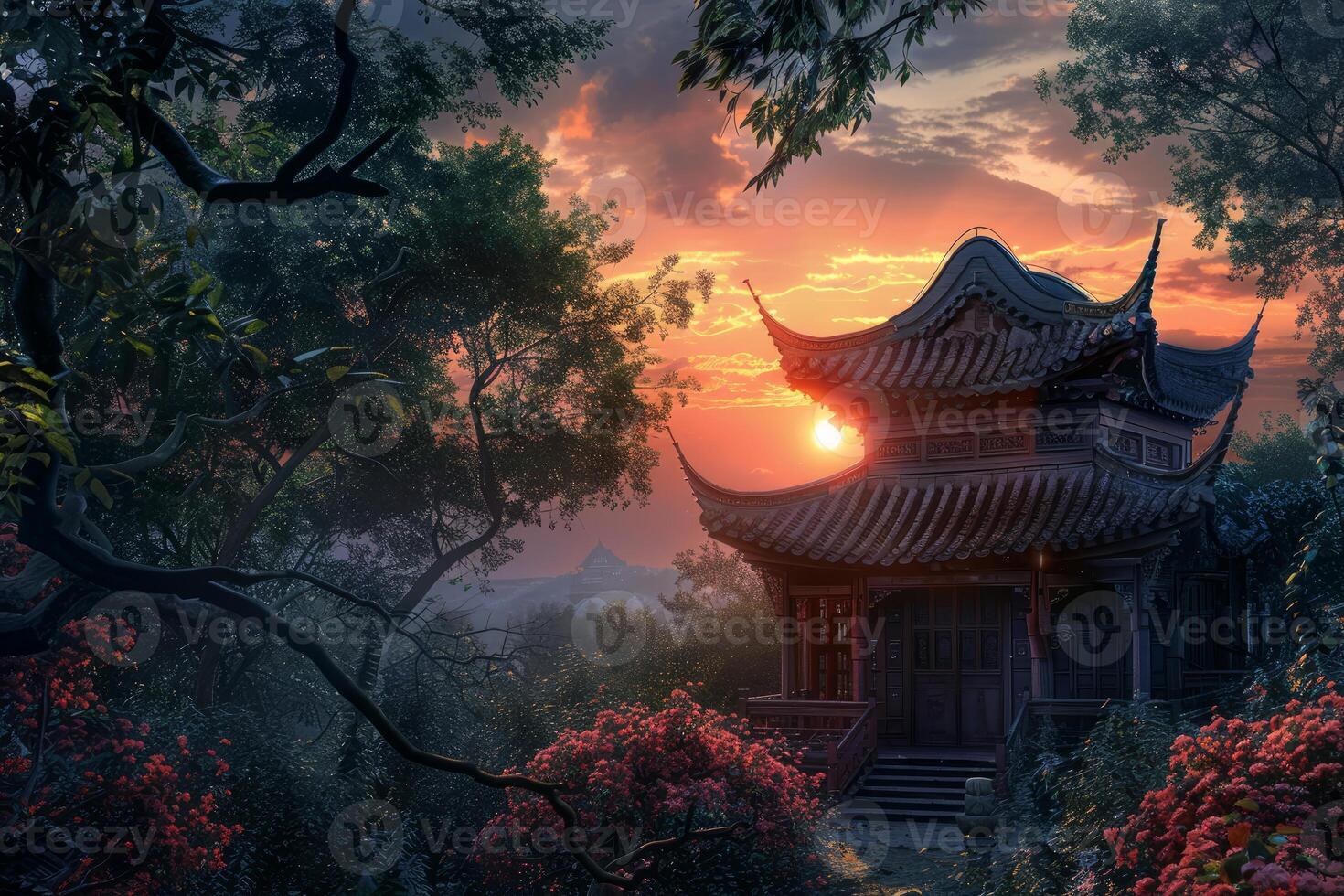 Traditional asian pagoda amidst lush flora against a vivid sunset photo