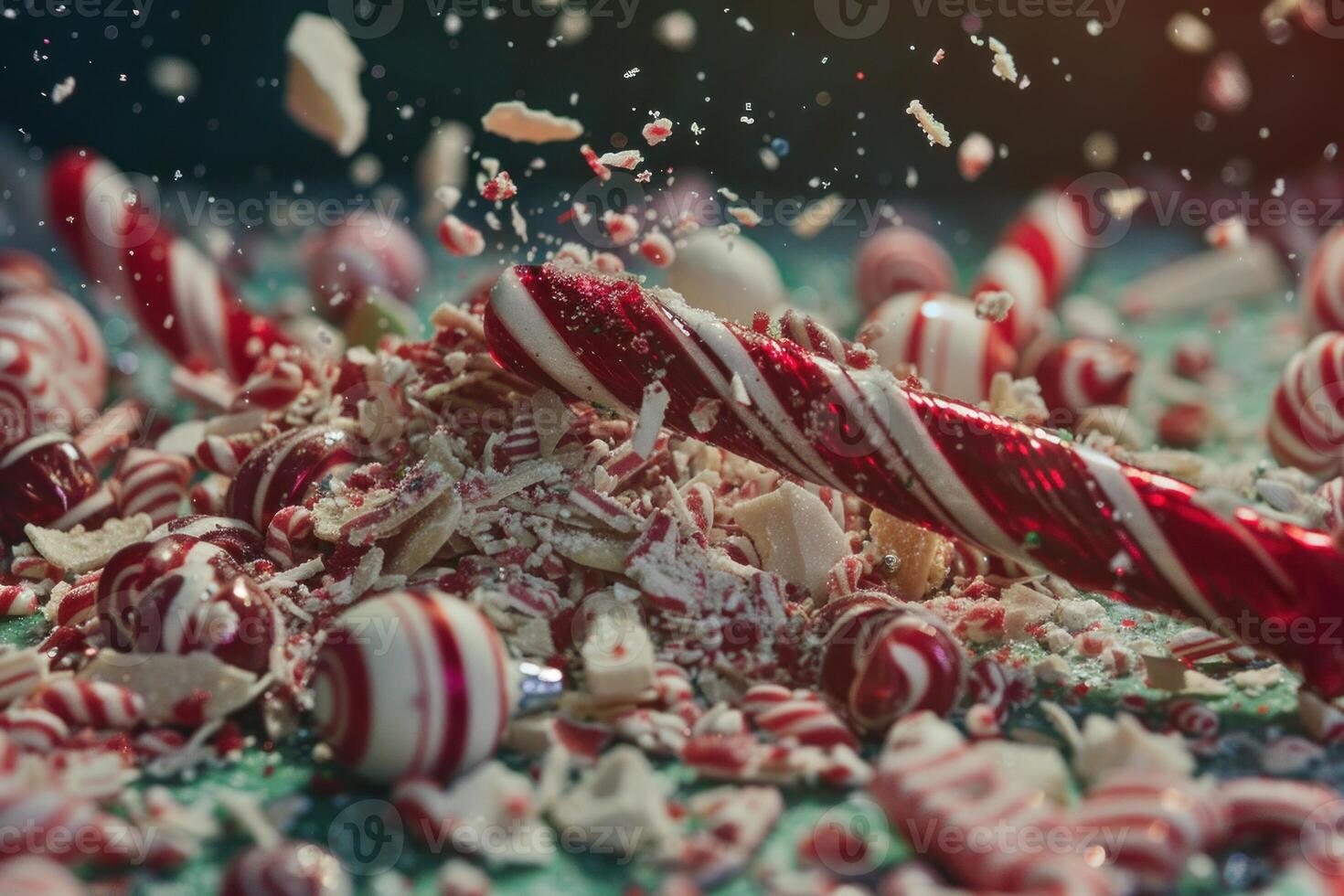 Dynamic image of shattered candy canes and festive sweets suspended in midair photo
