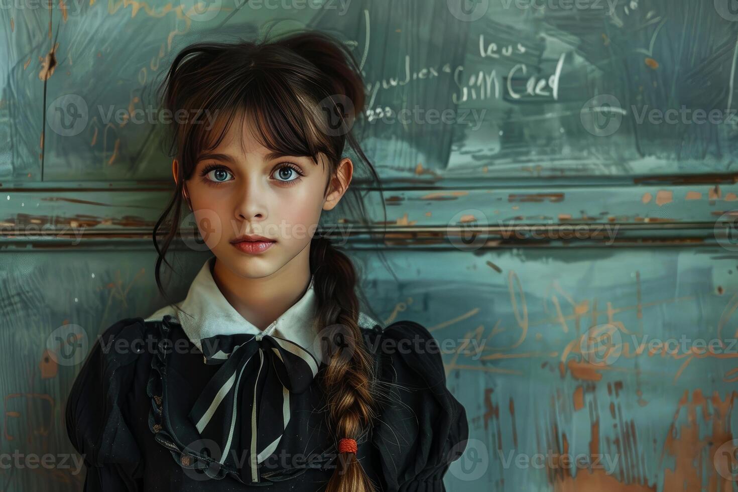 Portrait of a young girl with a braid in a vintage school uniform in front of a blackboard photo