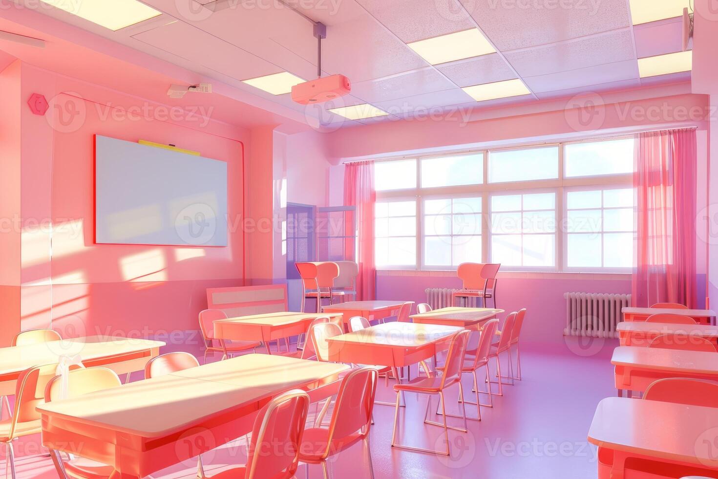 Sunlit classroom with pink hues and empty chairs photo