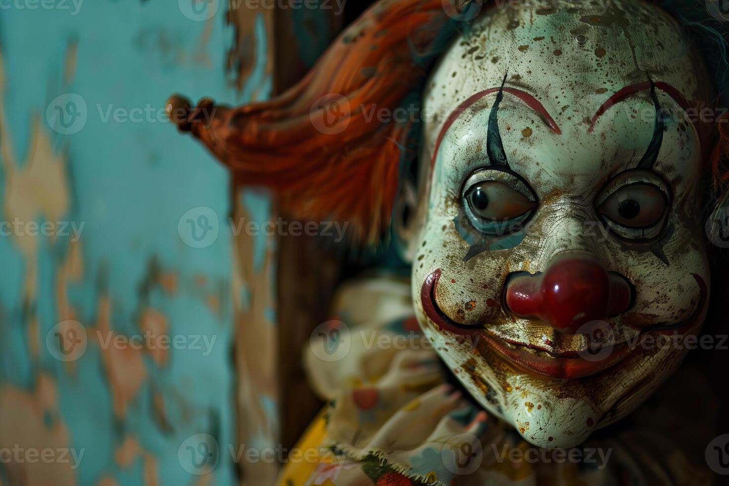 Creepy vintage clown doll against rustic backdrop photo