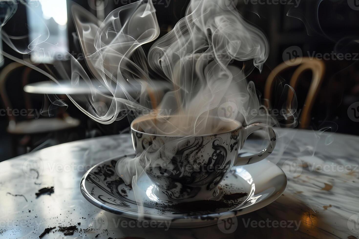 Steaming coffee cup on a rustic table photo