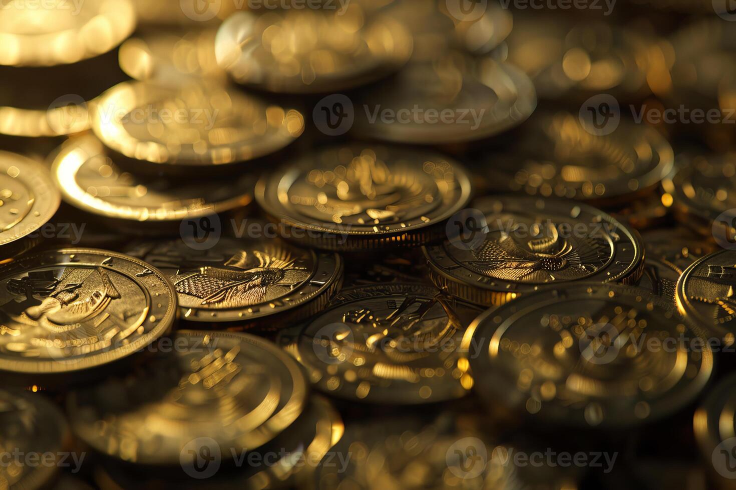 Closeup of shimmering gold coins creating a luxurious bokeh effect photo
