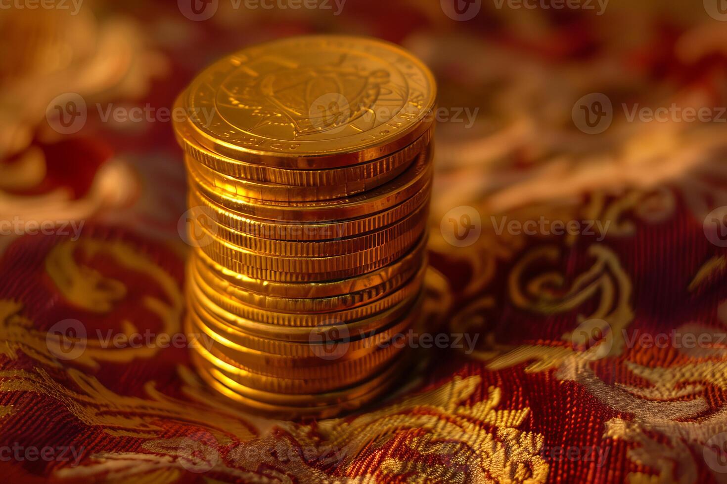 Golden coins stack on ornate fabric background photo