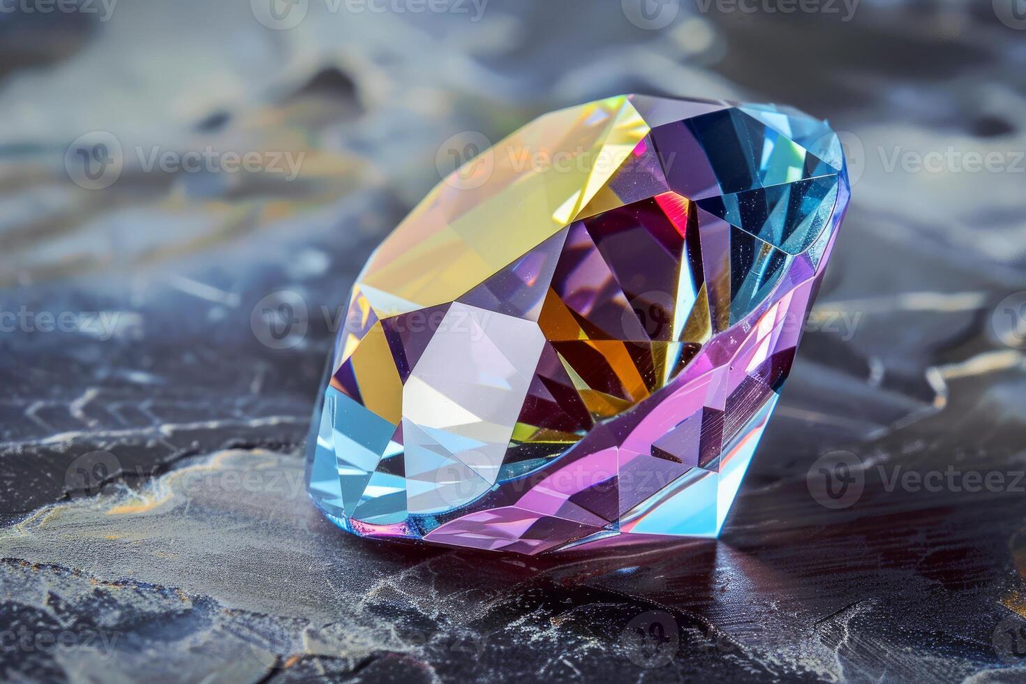 Colorful crystal gemstone on reflective surface photo