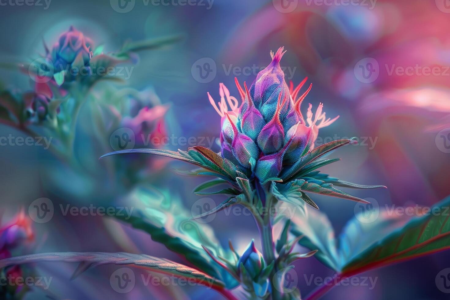 Artistic closeup of a colorful, neonlit exotic flower with a blurred background photo