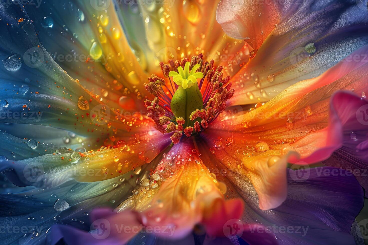Vivid macro flower burst with dewdrops photo