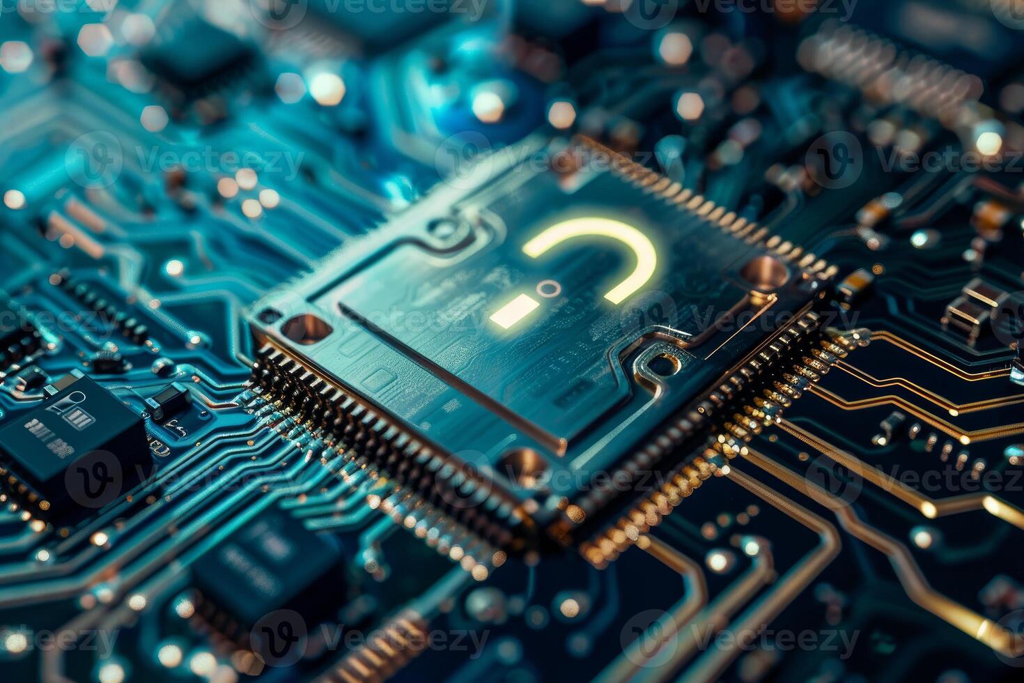 Futuristic processor chip with question mark symbol photo