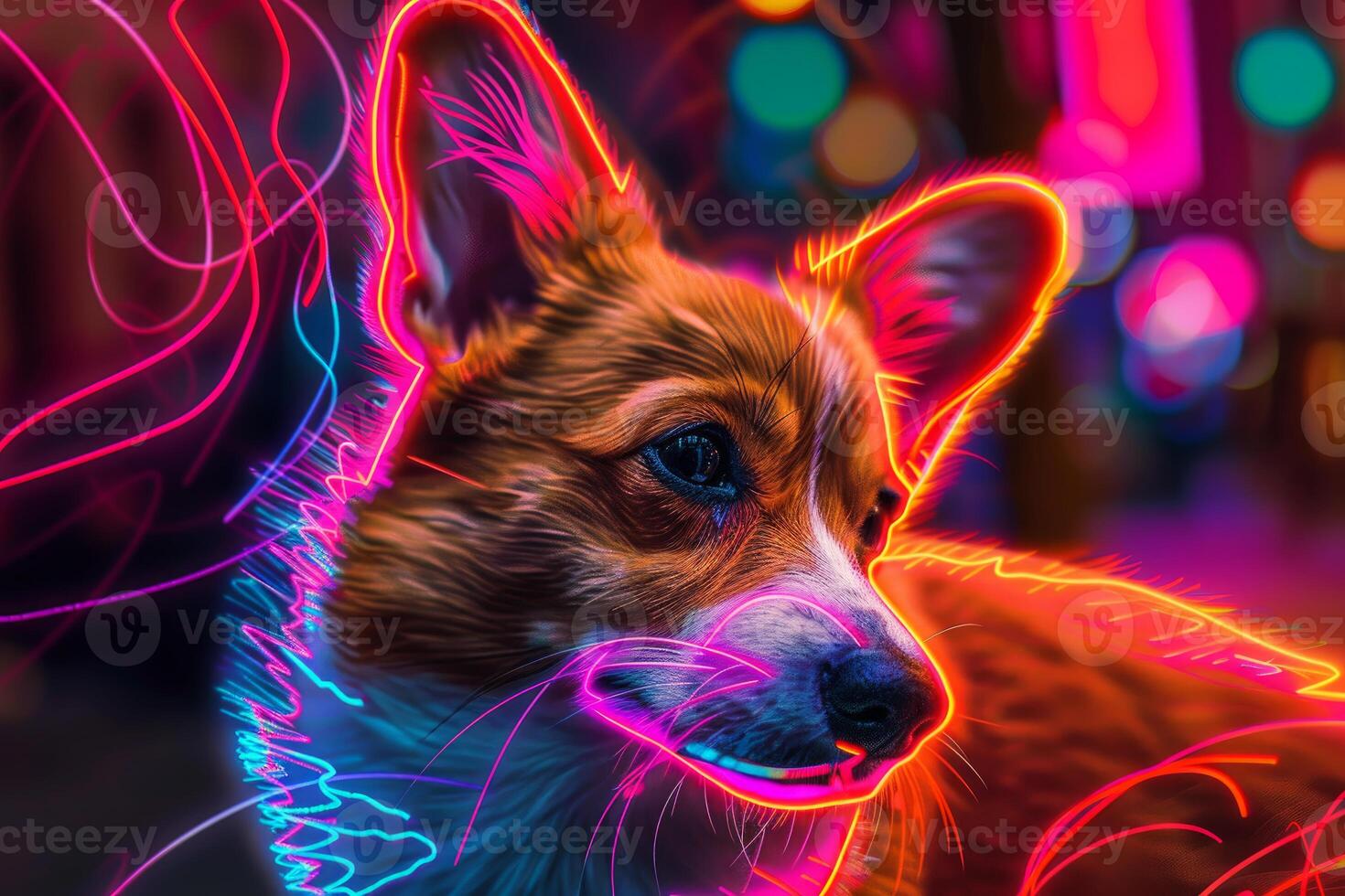 Neon glow corgi in vibrant cityscape photo
