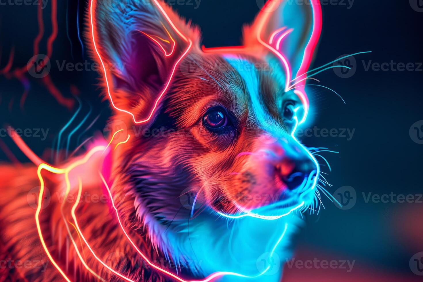 Neon glow corgi portrait in vivid colors photo
