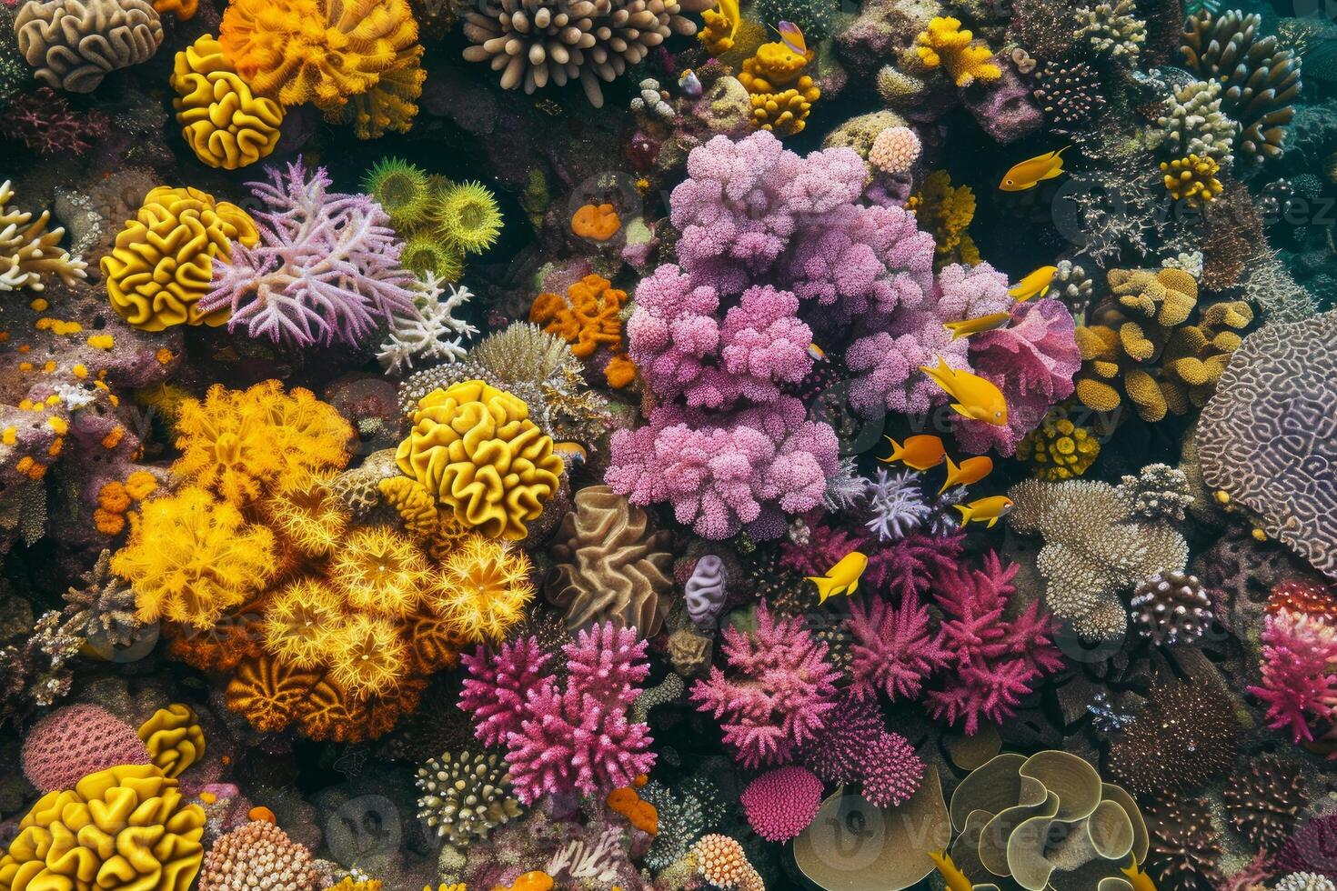 Rich underwater seascape showcasing diverse coral species and tropical fish photo