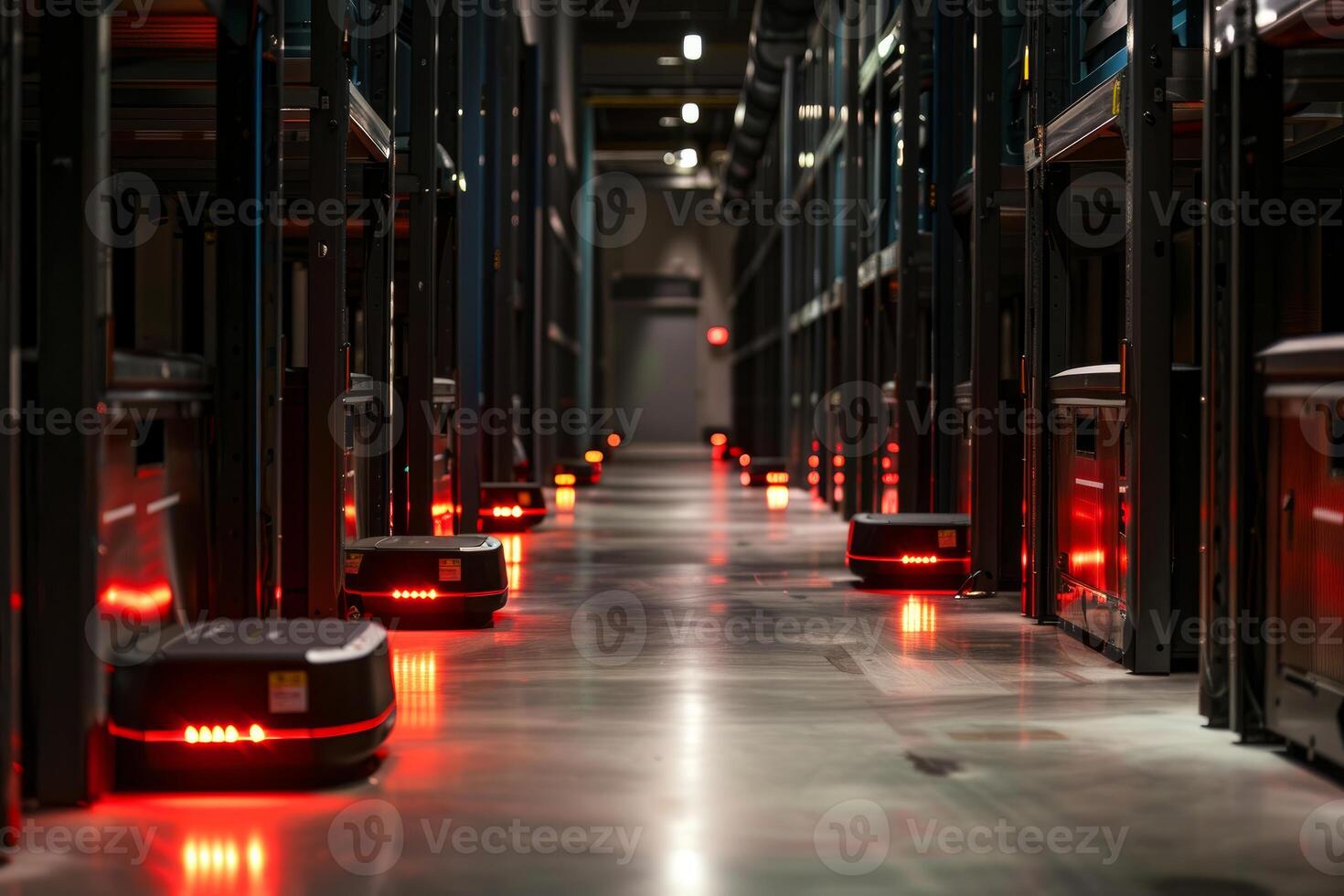 Automated warehouse robots at work photo