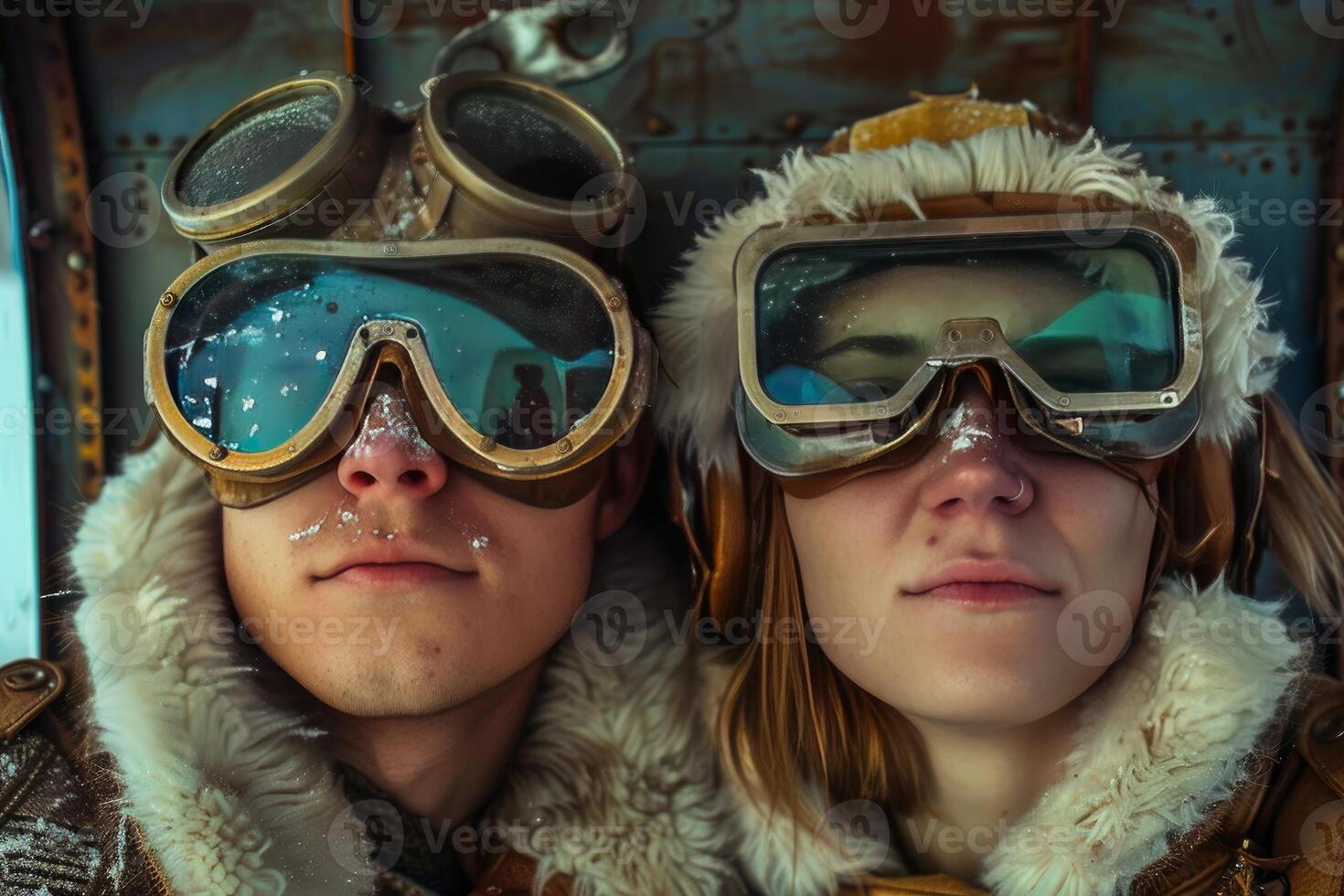 Adventurous couple in vintage goggles photo