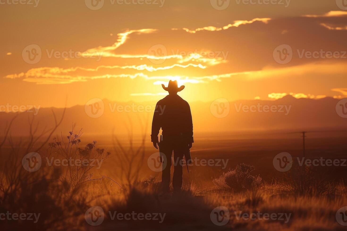 Lone cowboy stands in silhouette against a dramatic sunset with expansive views photo